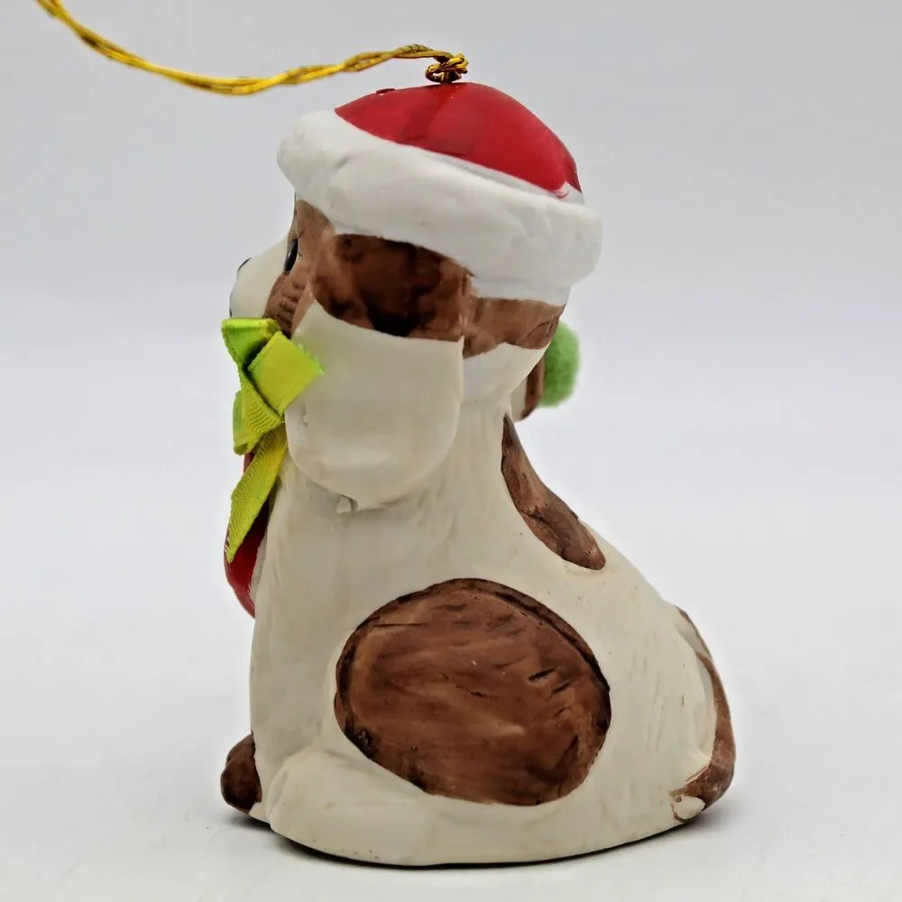 Holly Bells Porcelain Puppy Dog Bell Ornament Vintage 1986 Original Box b